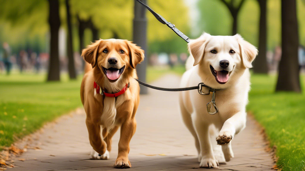 Create an image of two friendly dogs walking side by side on a double dog leash in a park. The dogs should be interacting well with each other, demonstrating good behavior and socialization. Both dogs should appear well-trained, walking calmly without tugging or lunging. In the background, show a peaceful, green park setting with other dogs and people to emphasize a positive training environment and enhanced socialization.