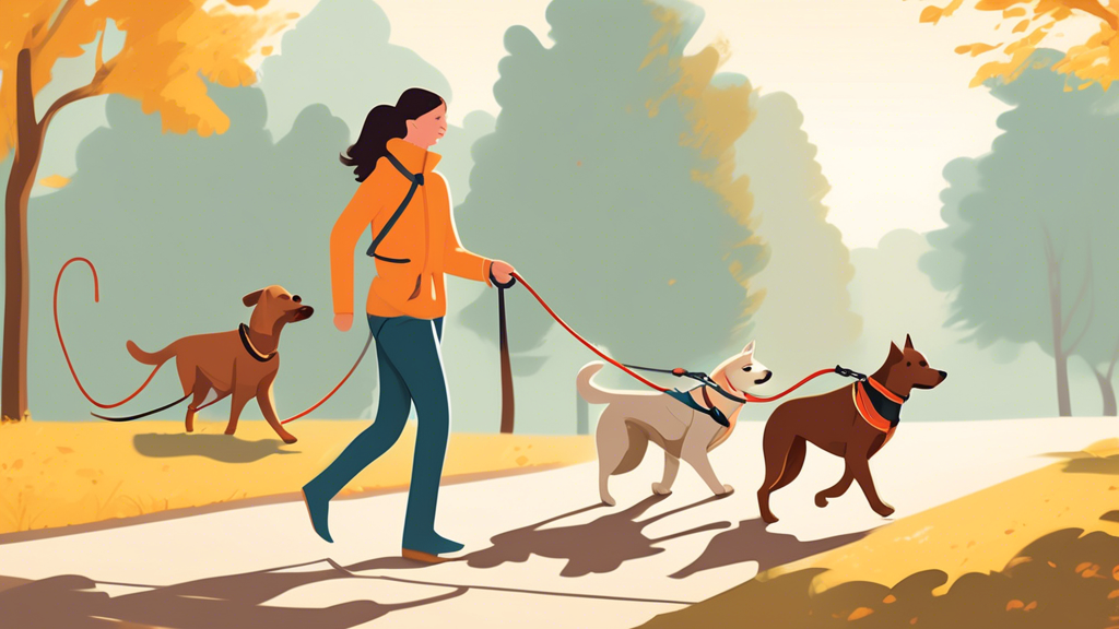 Create an illustration showing a joyful dog owner walking two dogs using a double dog leash. Highlight the ergonomic design features of the leash that reduce strain on the owner, such as padded handles. Show the owner holding a coffee cup in the free hand, emphasizing the convenience and practicality of the double dog leash compared to using two separate leashes. The scene should be set in a picturesque park on a sunny day.