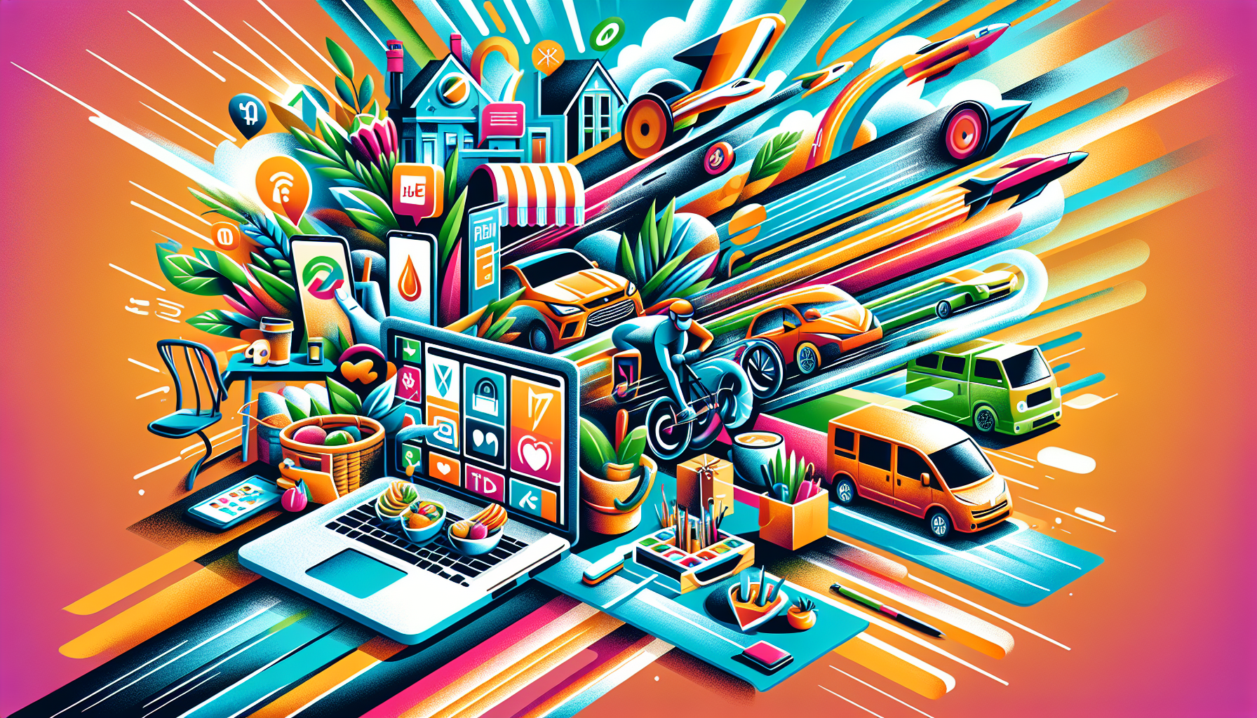 Create an image that features a dynamic collage showcasing various fast side hustles. The image should include elements such as a smartphone displaying food delivery apps like UberEats and DoorDash, a laptop with freelance gig platforms such as Upwork and Fiverr, a car with ride-sharing logos like Uber and Lyft, a cozy room listing on Airbnb, and a craft table with handmade products for sale on Etsy. Each element should be visually distinct yet harmoniously blended, highlighting the concept of quickly earning income through diverse, accessible means. Use vibrant colors and energetic compositions to convey speed and efficiency.