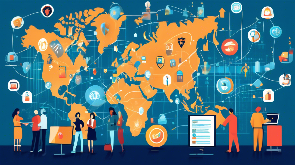 Create an image that depicts a diverse group of people analyzing charts and data on a large screen filled with icons representing internet security features. The background should show a digital world map with secure connections linking different countries, emphasizing the global aspect. Include visual elements like padlocks, shields, and speedometers to symbolize the key criteria of security, speed, and value for money when choosing a Private Internet Access provider.