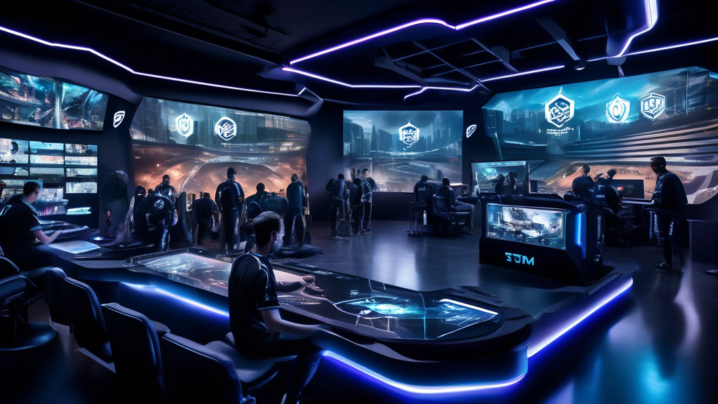 Create an image depicting the future of TSM Esports with a futuristic headquarters that blends advanced technology and gaming elements. Show holographic screens displaying various game stats, professional players strategizing, and a diverse, global fanbase interacting. Add subtle references to innovative expansions and new game entries. Highlight the dynamic, forward-thinking environment to represent TSM Esports