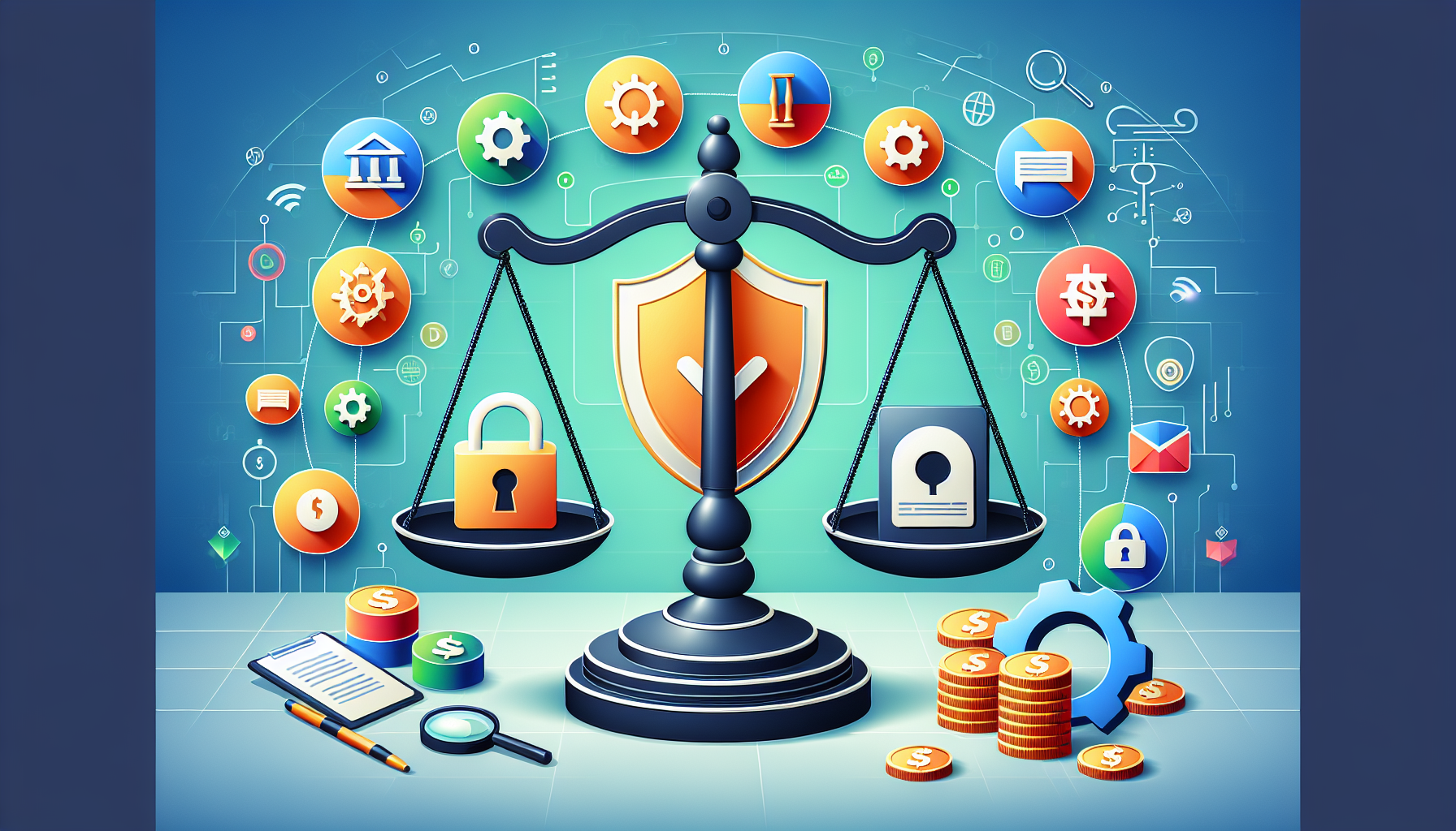 Create an image titled Choosing a Crypto Platform: Key Evaluation Factors. The image should showcase a scale balance in the center, symbolizing evaluation and comparison. On one side of the scale, depict icons representing security and regulation, such as a lock, shield, and legal documents. On the other side, show icons for convenience and interface, like a user-friendly touchscreen, sleek interface, and settings gears. Below the scale, there should be a price tag icon with both a dollar sign and the text fees and hidden costs. The background should be a modern and clean design with subtle crypto-related elements, such as digital currency symbols and blockchain patterns.