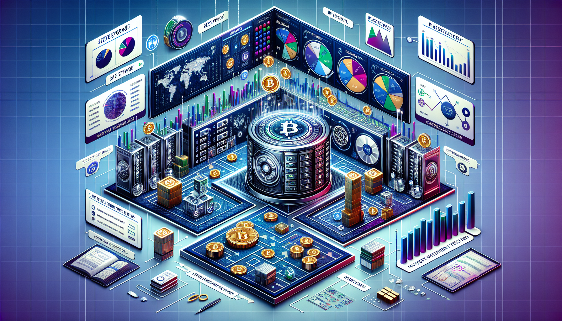 Create an image that portrays a modern and sleek digital environment where crypto enthusiasts can thrive. The central focus should be on secure storage practices with visuals of digital vaults and multi-layer security mechanisms. Around the main focus, include elements symbolizing diversified investment portfolios, such as pie charts and varied cryptocurrency icons. Additionally, incorporate useful resources like analytical graphs, investment tools, and a user-friendly interface displayed on multiple devices. The overall theme should highlight security and strategic investment in the context of crypto platforms. Keywords: crypto platforms, secure storage, diversified portfolio, investment tools.