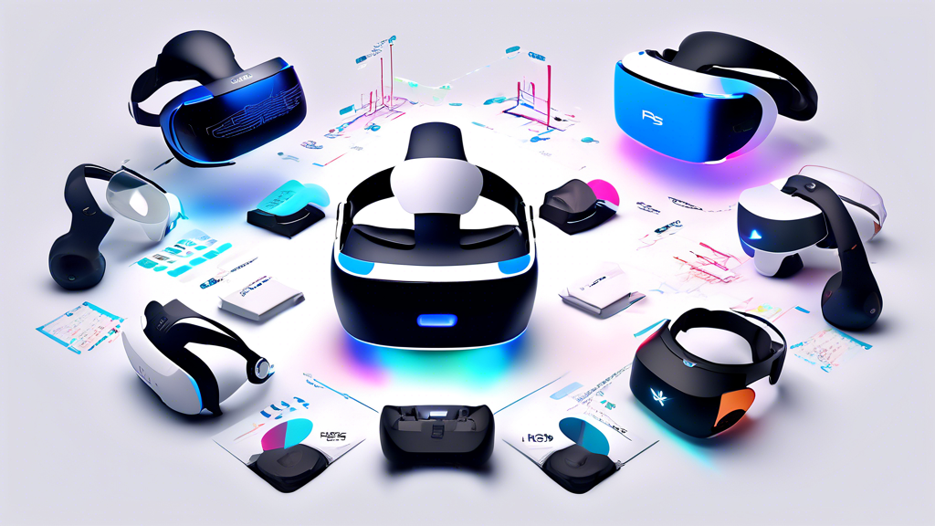 Create an image of a sleek PS VR 2 headset in the center, surrounded by various other virtual reality headsets from major competitors. Each headset is labeled with its brand and price tag. In the background, incorporate stylized charts and graphs indicating comparative pricing and value analysis. Ensure the image has a modern, tech-focused aesthetic to capture the competitive landscape of VR headsets.