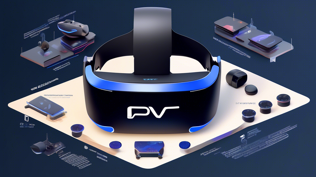 Create an image that visually represents the various factors influencing the PS VR 2 price. The image should include a detailed breakdown of components such as the headset, controllers, and sensors, each with estimated production costs. Additionally, incorporate elements that symbolize economic factors like supply chain issues with visuals of shipping containers, market trends with fluctuating graphs, and expert opinions symbolized by characters in lab coats or business attire discussing predictions. Make sure the overall aesthetic is modern and tech-focused, highlighting the keyword “PS VR 2 price” prominently.