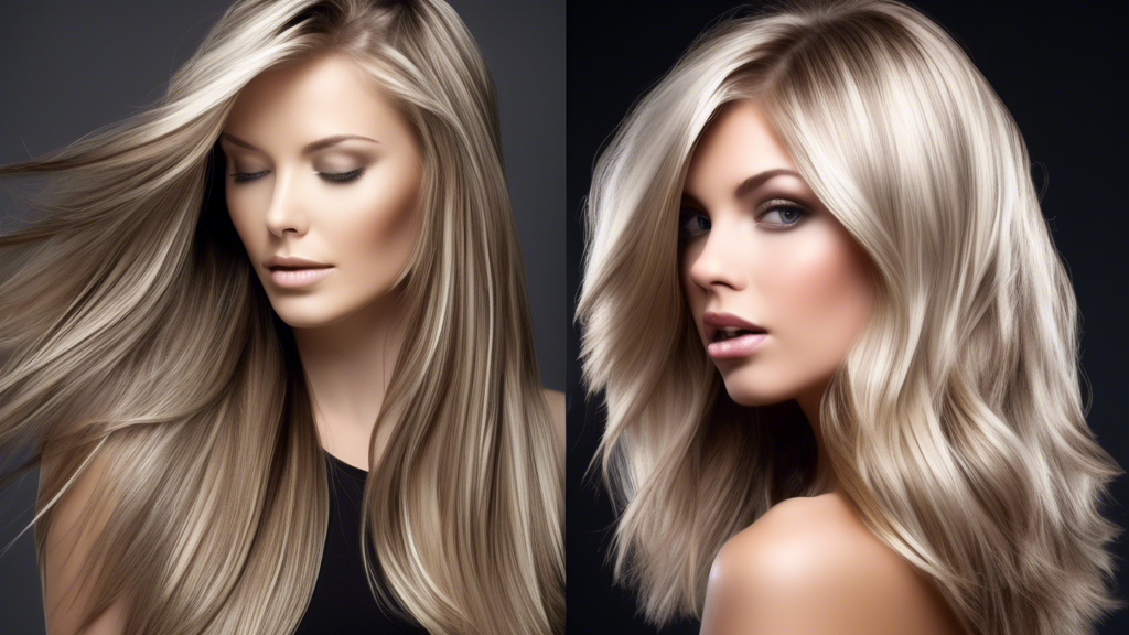 Create an image showcasing a set of beautifully maintained dark hair with vibrant ash blonde foils. The hair should look healthy and glossy, and the foils should stand out with a stunning contrast. Include a range of professional haircare products like shampoos, conditioners, and treatments arranged around the hair to emphasize the importance of maintaining the ash blonde foils. The background can be a sleek, modern salon setting to signify professional upkeep, with a few leafy green plants for a touch of natural beauty.