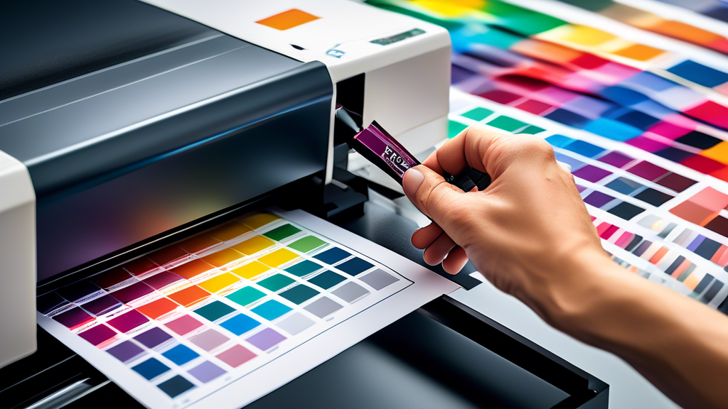 An expert printer carefully aligns a high-quality label on a professional press, adjusting ink levels and checking the resolution, surrounded by vibrant color swatches and materials with varying finishes and adhesives, illustrating essential techniques for achieving perfect label printing.