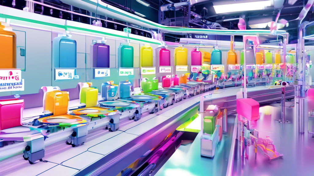 DALL-E prompt: Visualize a futuristic label printing facility where AI-powered robots operate advanced digital printing machines, crafting customized labels using eco-friendly, biodegradable materials. The scene captures an array of bright colors being meticulously applied, showcasing both automation and personalization trends in modern label production.