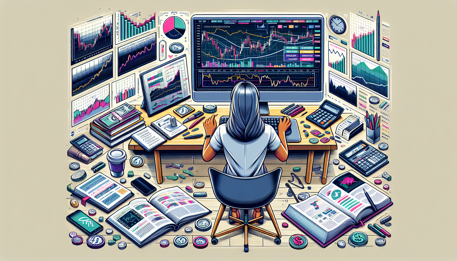 Create a detailed and vibrant illustration depicting a trader managing their margin buying power effectively with Interactive Brokers. The scene should include a computer screen displaying the Interactive Brokers platform with charts, margin calculators, and risk management tools. Show the trader surrounded by resources like financial books, a calculator, and a notepad with trading strategies. Emphasize a sense of organization and control, highlighting the tools and best practices for managing and maximizing margin buying power.