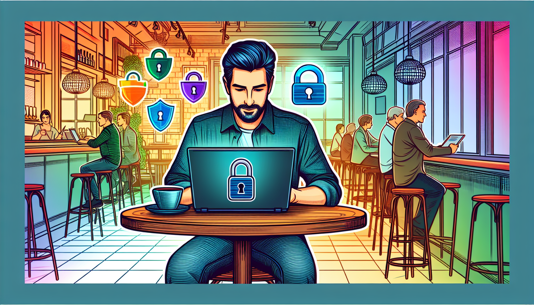 Create an image that depicts a person using Hotspot Shield on their laptop in a public café, showcasing a secure connection symbol (like a padlock) and icons representing anonymous browsing, protection on public Wi-Fi, and access to globally restricted content.