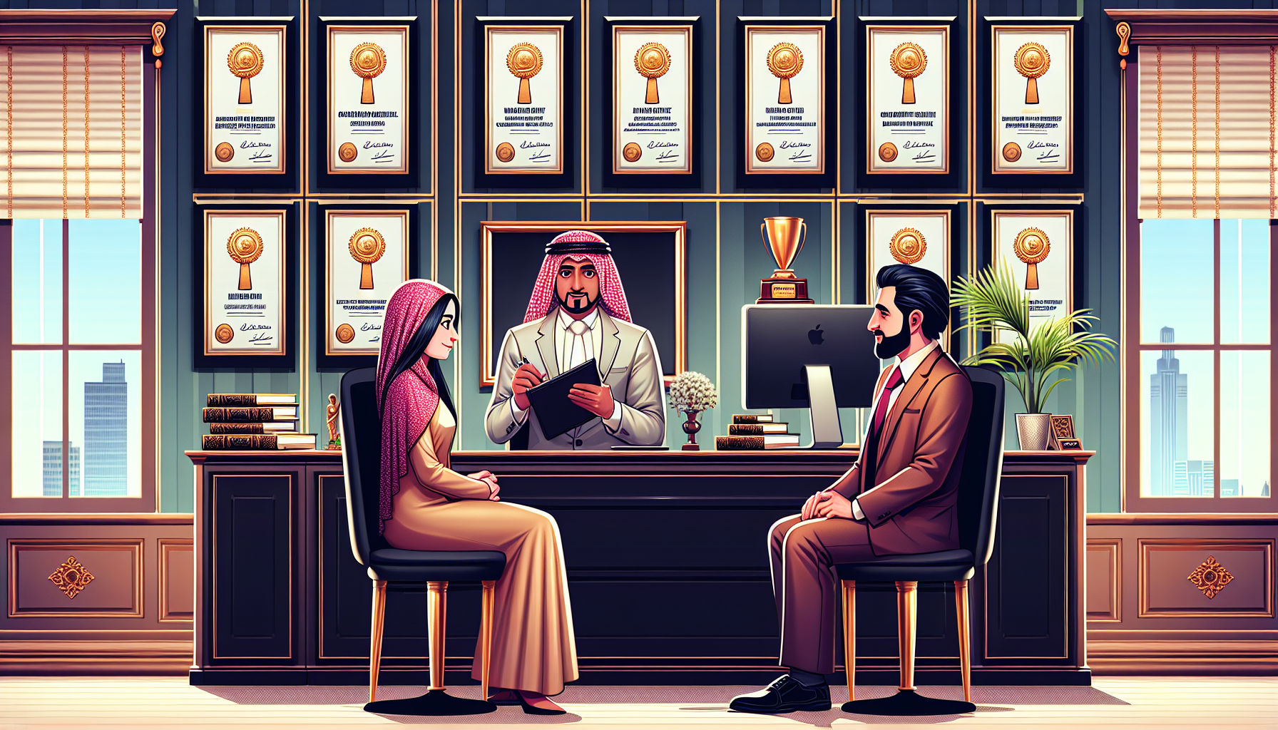 Detailed illustration of a client meeting with a seasoned injury claim lawyer in a well-appointed office, showing awards and accreditations on the walls. Visual focus is on the lawyer presenting a portfolio of successful cases, while another screen displays glowing client testimonials. The setting conveys an open, friendly communication style, with the lawyer listening attentively and taking notes.