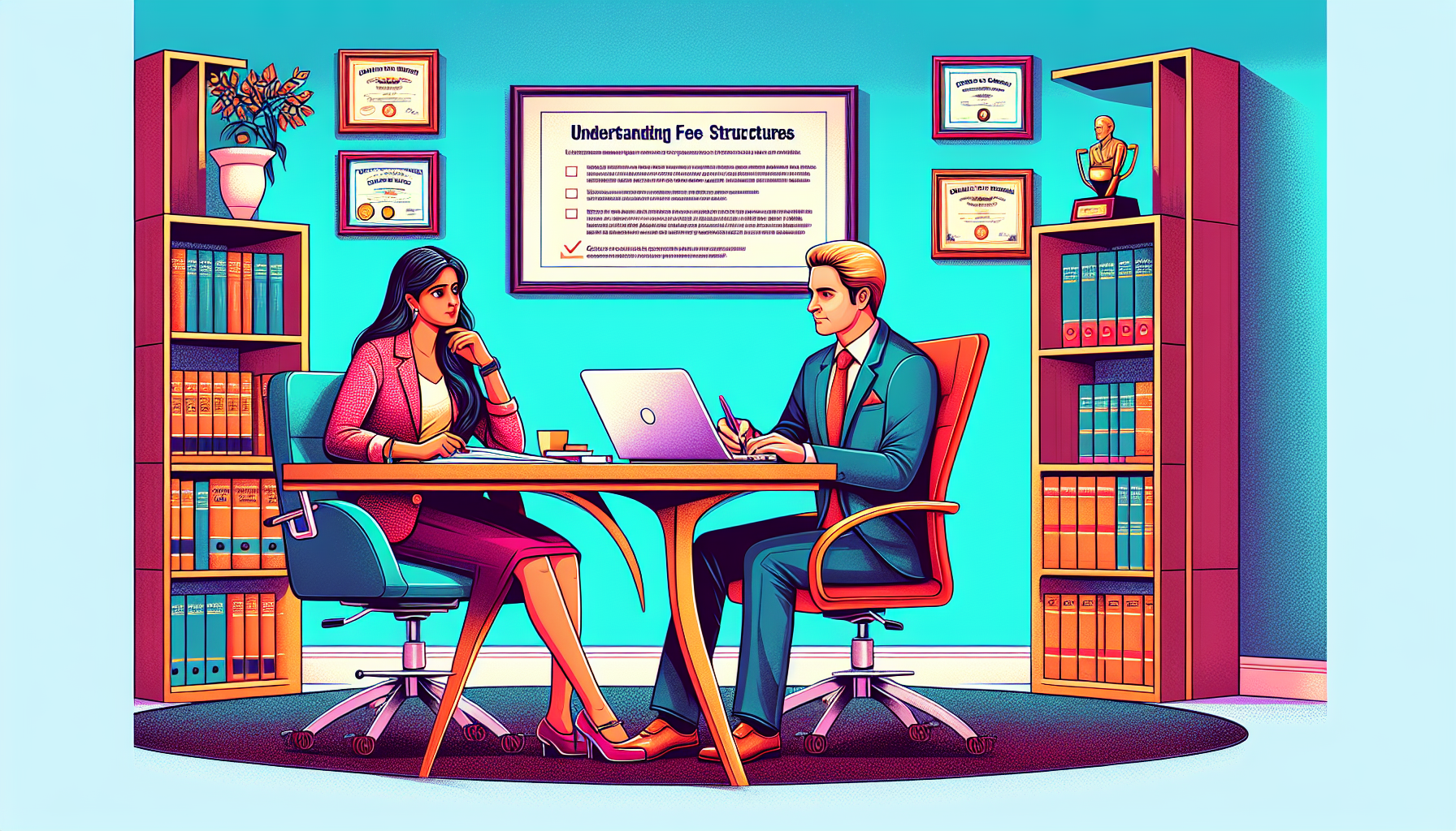 An illustration of a potential client sitting across from an injury claim lawyer in an office, intently asking questions during an initial consultation while taking notes. The room is professionally decorated, displaying certificates and legal books. Visible in the foreground is a booklet titled 