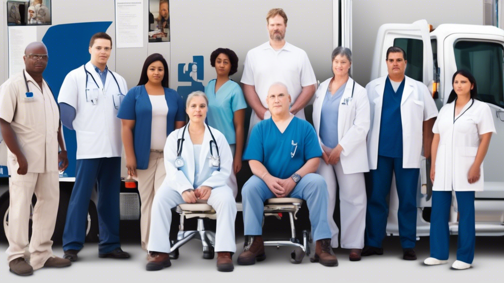 Create an image that shows a diverse group of commercial drivers undergoing a CDL medical examination in a clinical setting. Include detailed elements such as a Certified Medical Examiner conducting tests like vision assessment, blood pressure measurement, and hearing tests. Highlight common medical factors assessed, with wall charts displaying information on cardiovascular health, diabetes management, and respiratory conditions. The setting should reflect a professional, attentive atmosphere focused on the health and safety of the drivers.
