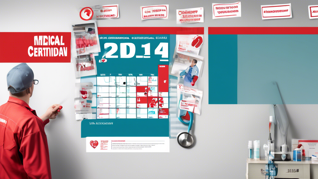 Create an image of a commercial truck driver standing next to a large wall calendar, marking a date with a red marker. The calendar is filled with medical icons like stethoscopes, heart monitors, and checkmark boxes, symbolizing the medical check-up schedules. In the background, a clipboard with the text CDL Medical Certification Renewal Steps and checklists can be seen, emphasizing the importance of maintaining and renewing their medical certification to stay compliant.