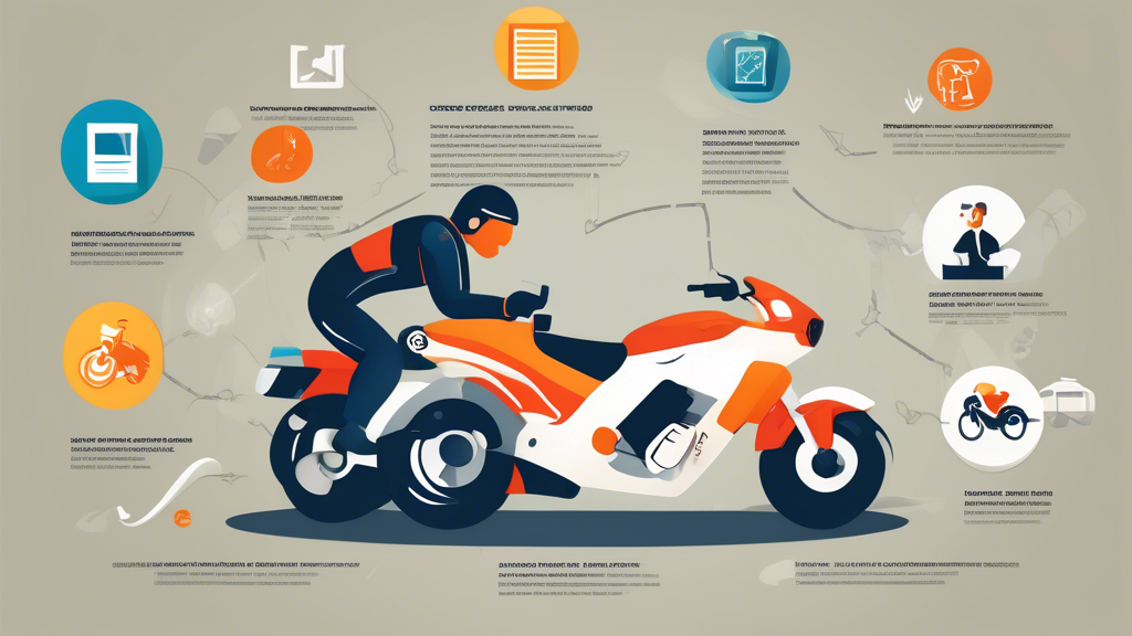 Generate an image showcasing key factors to consider when choosing motorcycle accident attorneys. Illustrate a multi-faceted checklist or guide featuring essential qualifications, certifications, experience, track records, client testimonials, and case results in a visually engaging format. Include icons or graphics representing each factor and a subtle theme related to motorcycles for context.