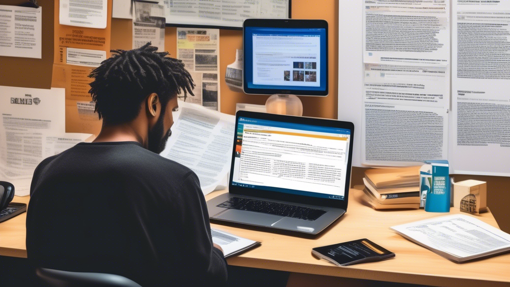 Create an image of a person sitting at a desk, researching on their laptop. The laptop screen displays various online legal directories and review platforms. Next to the laptop, the person has printed materials from the local bar association and legal aid resources. In the background, a bulletin board has pinned recommendations and notes from community forums and social media groups focused on motorcycle enthusiasts. The scene conveys the process of effectively locating top motorcycle accident attorneys.