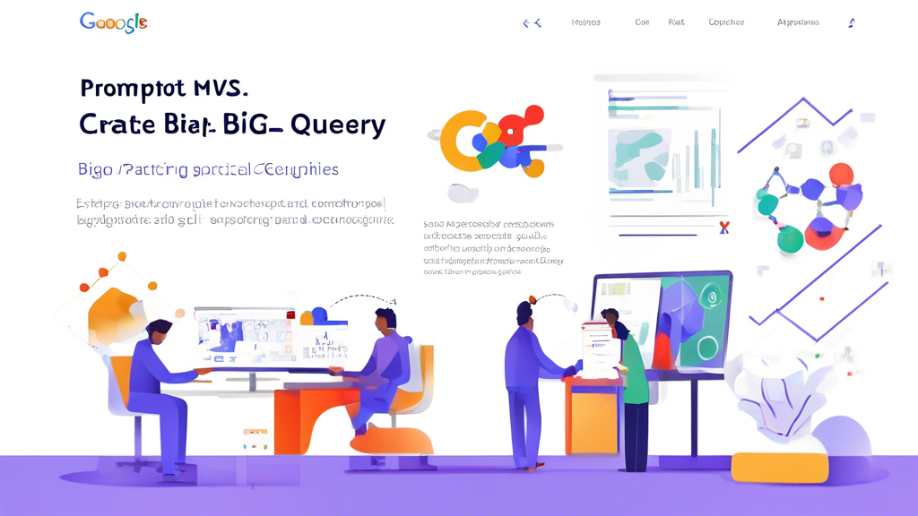 Prompt for DALL-E: Create an image that encapsulates the practical application of Google BigQuery. Illustrate the process of setting up and configuring Google BigQuery, importing and exporting data, and showing example applications and best practices. Include visual elements like a setup wizard, data pipelines integrating with other systems, and various charts and graphs showcasing optimal data analysis. Use a tech-savvy, modern aesthetic to emphasize the powerful, cloud-based data analysis capabilities of Google BigQuery.