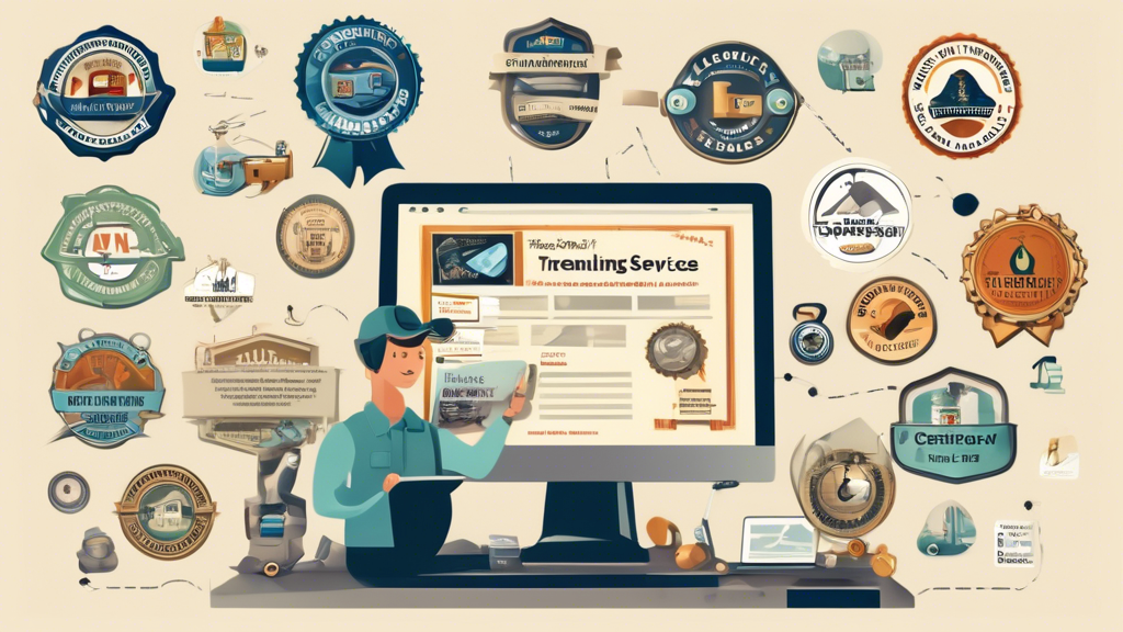 Create an image that portrays a person diligently researching trenchless plumbing services on a laptop, surrounded by elements like certification badges, customer review icons, and industry awards. The setting should be a cozy home office, with a focus on a map indicating near me with local plumbing services highlighted.