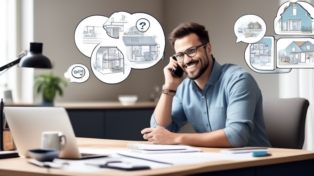 Create an image that portrays a homeowner sitting at a desk, speaking on the phone with a confident smile. Surround the homeowner with illustrated question marks and speech bubbles containing questions like What experience do you have with trenchless plumbing?, What techniques do you use?, and Do you offer warranties?. Include elements that suggest a plumbing context, such as blueprints of pipes, plumbing tools, and a computer screen showing search results for trenchless plumbing near me.