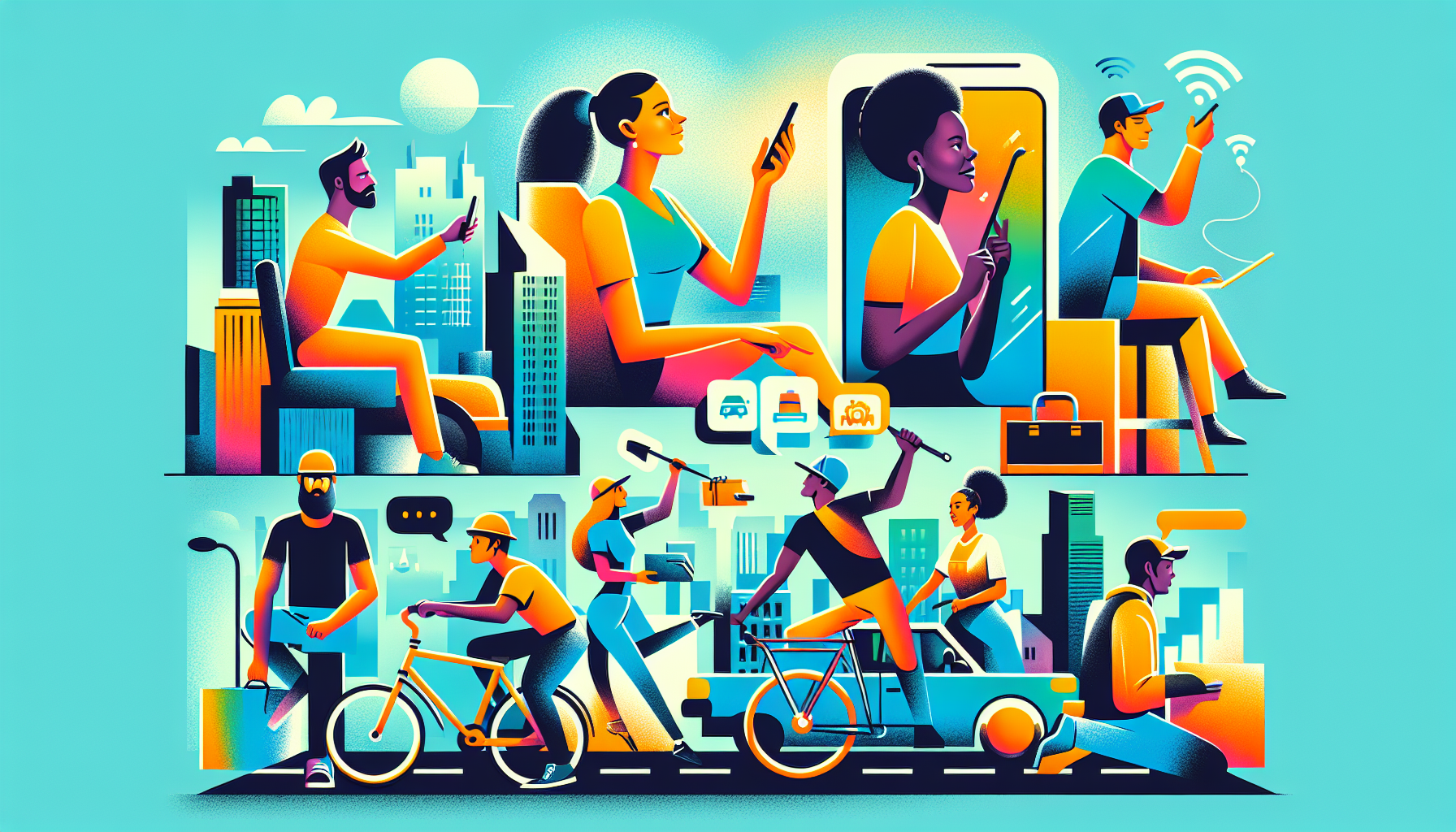 Prompt for DALL-E: Create a vibrant, dynamic illustration that captures the essence of the gig economy. Show diverse people using smartphones and interacting with popular gig economy services like ride-sharing, delivery, TaskRabbit, and Fiverr. Highlight the flexibility and variety these jobs offer by portraying the subjects in different environments: a driver picking up passengers, a delivery person on a bicycle, and someone fixing a household task. Make the scene lively and colorful, emphasizing a sense of freedom and flexibility.