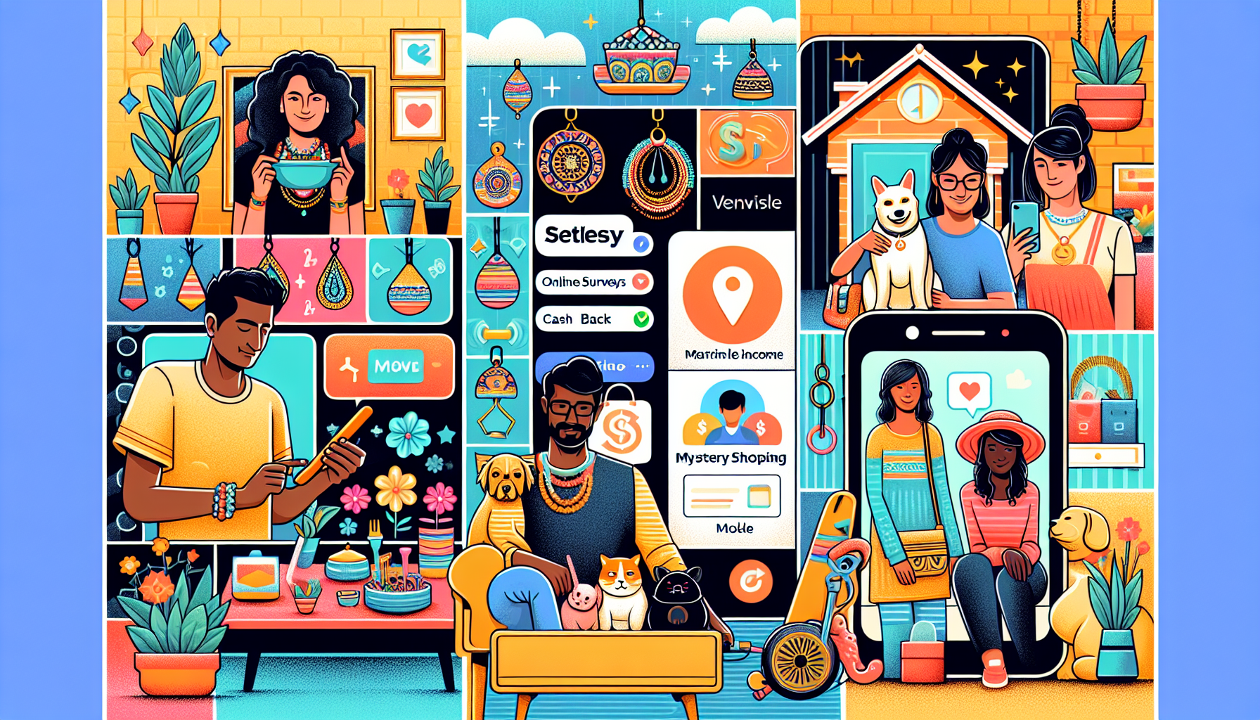 Create an image that showcases a variety of creative and unconventional side jobs. Feature a person working on handmade crafts like jewelry or pottery with an Etsy shop interface in the background. Highlight elements of passive income such as a smartphone screen displaying online surveys and cashback apps. Include fun illustrations of pet sitting with happy pets, house sitting with cozy home elements, and a person engaging in mystery shopping within a retail store. Use bright and inviting colors to reflect the diverse and exciting nature of these side jobs for extra money.