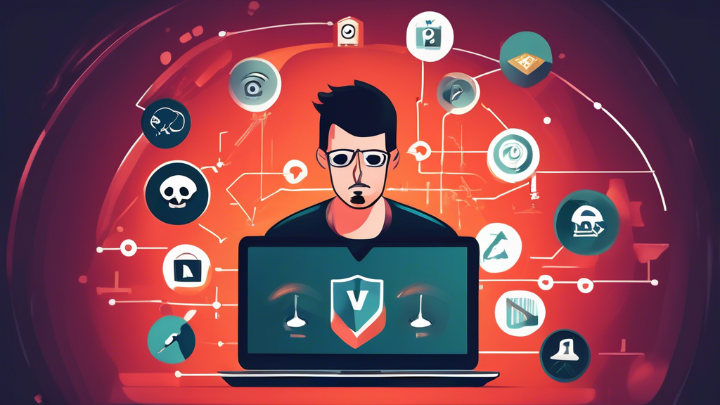 Create an image that highlights the risks and disadvantages of using free VPNs. The image should portray a user frustrated by slow internet speed, encountering warning signs about potential security breaches, malware, and privacy concerns. Include visual elements such as icons representing surveillance, targeted ads, and data collection, all stemming from a device with a Free VPN label. The background should have a dim or shadowy tone, emphasizing the negative aspects of free VPN services.