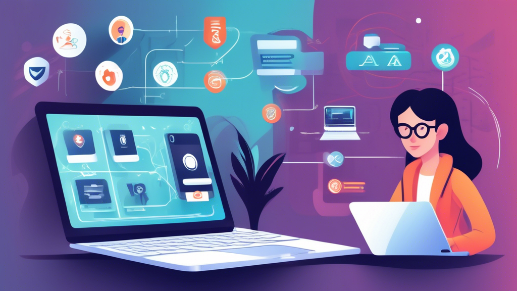 Create an image that depicts Practical Steps to Enhance Your Online Private Protection. Include visuals of a person using a password manager on their laptop, entering a two-factor authentication (2FA) code on their smartphone, and updating software on various devices. In the background, show icons representing VPNs, phishing scam alerts, and strong, unique passwords. The overall tone should be modern, secure, and user-friendly.