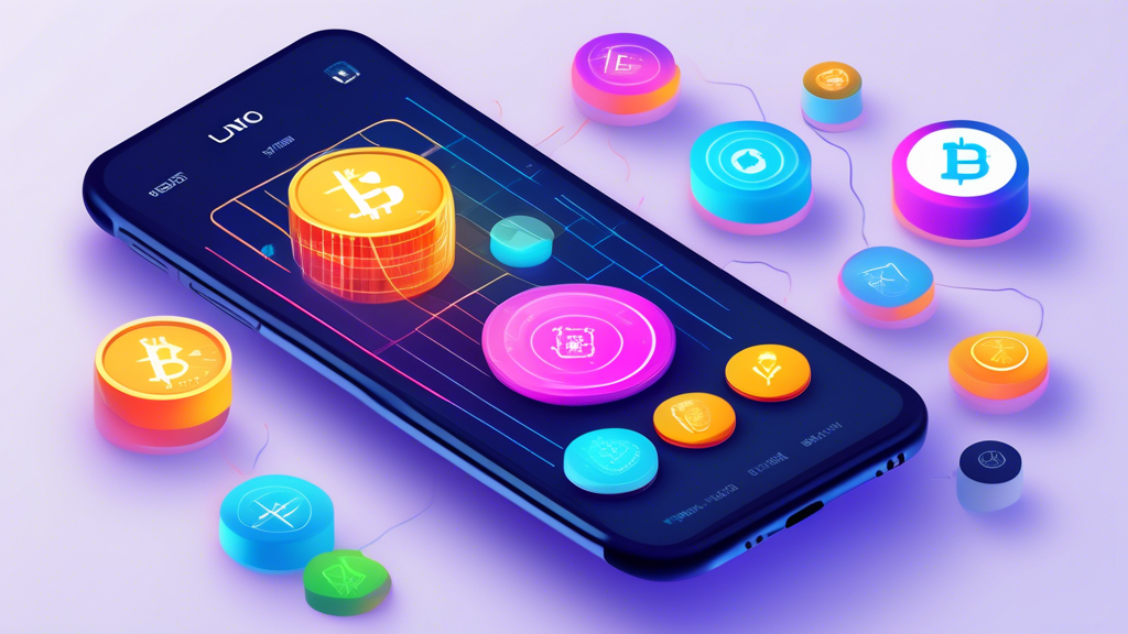 Create an illustration depicting a smartphone screen showcasing the Luno app interface for managing cryptocurrencies. Highlight various supported cryptocurrencies, trading options, and portfolio tracking tools. Incorporate visual elements representing security measures, like shield icons or padlocks, ensuring users