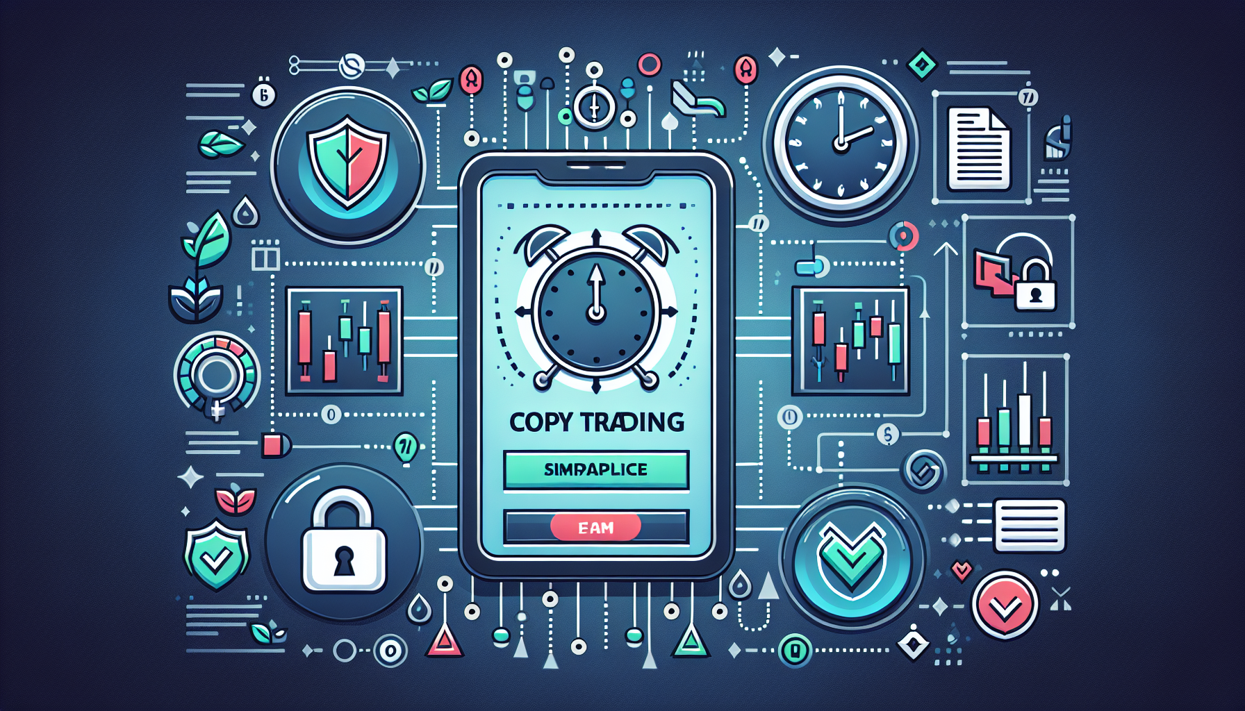 Create an image showcasing the benefits of copy trading on the Bitget platform. The image should illustrate an easy-to-use interface suitable for beginners with minimal trading knowledge, a clock to symbolize time-saving through automatic copying of trades from successful traders, and elements that convey transparency and security, like a shield or lock icon. The overall design should emphasize the simplicity, time efficiency, and reliability of Bitget