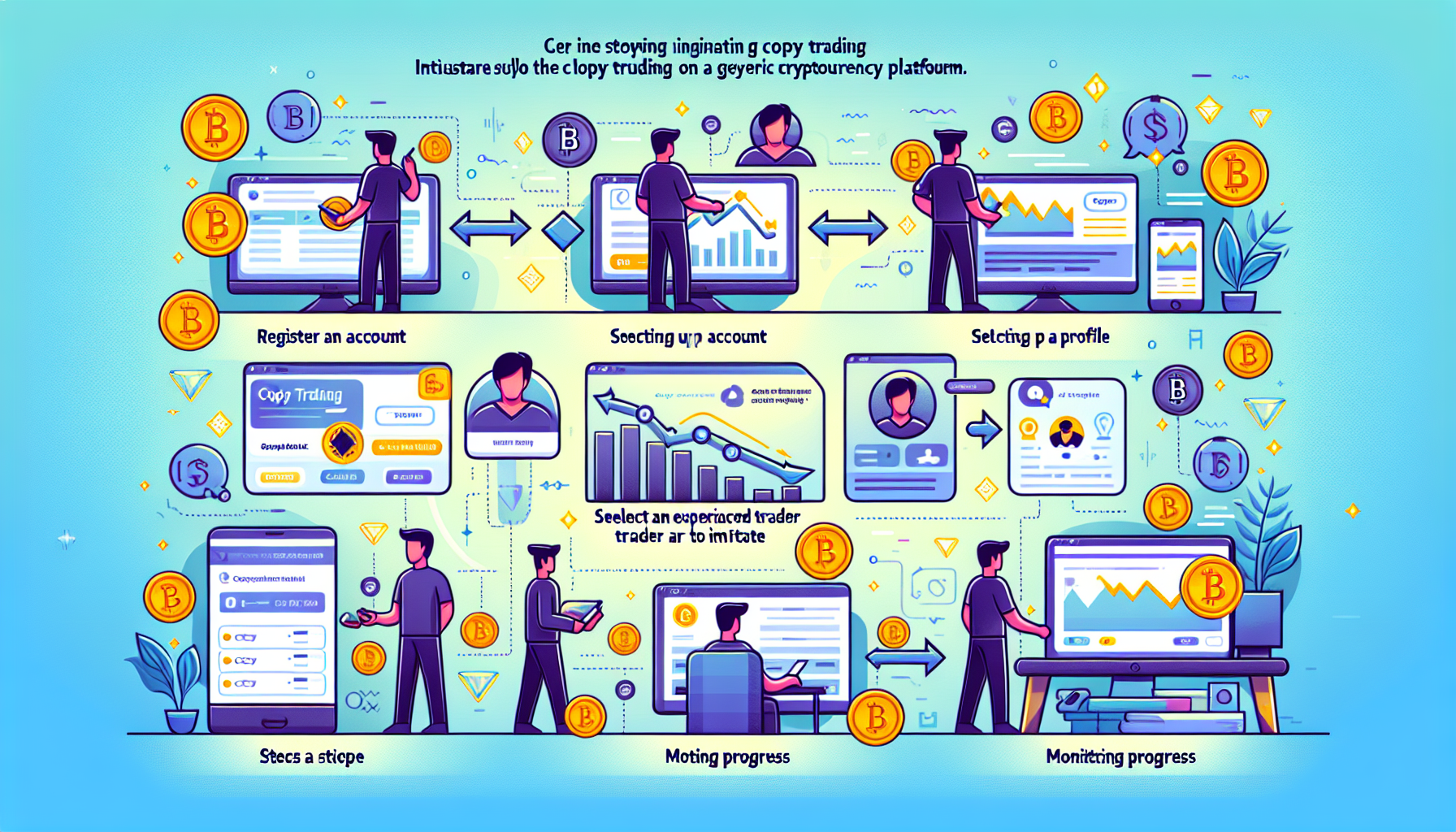 Prompt: Create an illustration that visually guides users through the process of starting copy trading on Bitget. Include a sequence of steps: registering and creating an account, setting up a profile, selecting an experienced trader to copy, and monitoring progress. Highlight key actions and interfaces in a user-friendly, intuitive style, ensuring the image conveys a sense of ease and accessibility.