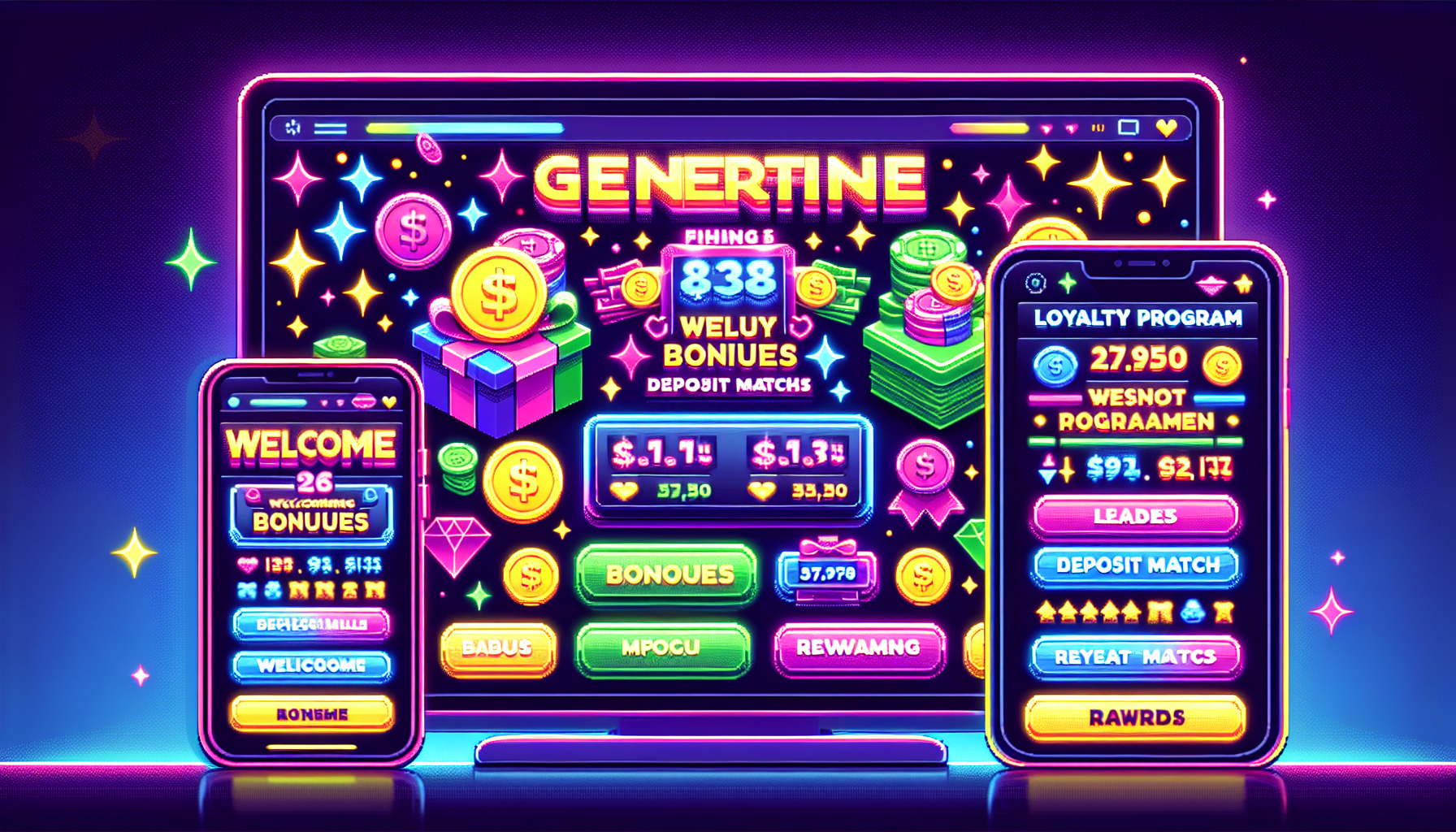 Create an image showing a vibrant online casino interface on both a desktop and a mobile device. The screen displays engaging graphics of the BetMGM Casino, featuring bright icons for welcome bonuses, deposit matches, and promotional offers. Highlight loyalty program rewards prominently with shiny badges or coins. Ensure the scene is lively, with a celebratory atmosphere to suggest the excitement of maximizing one