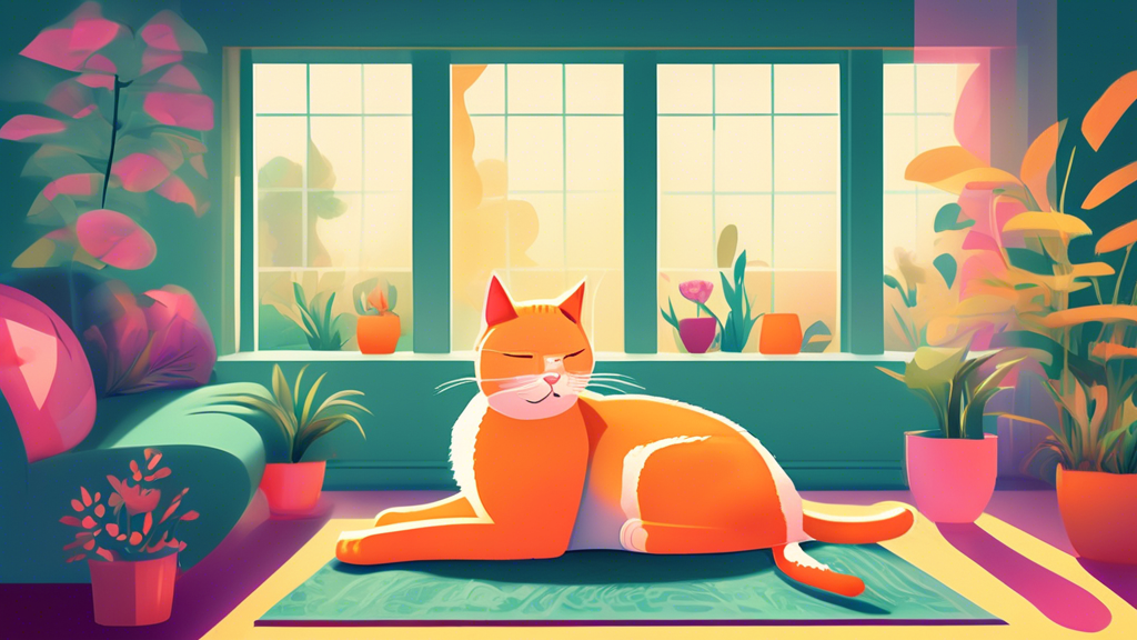 Create an image of a serene living room with a content cat lounging at a large window overlooking a garden. In the corner of the room, include a Feliway diffuser emitting calming pheromones, with visible signs of a happy and stress-free environment for the cat.