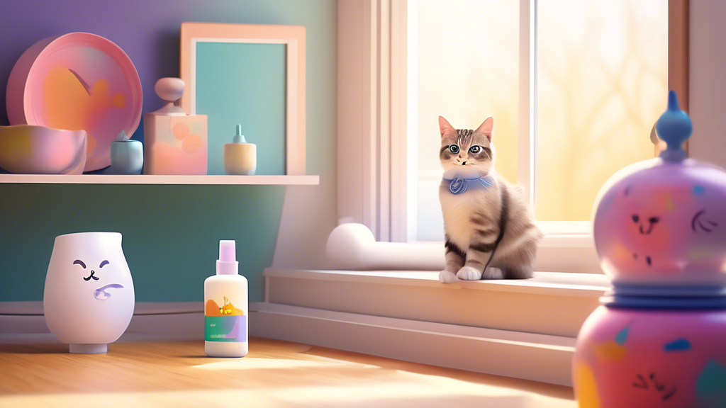 Create an image that depicts a peaceful and harmonious home environment with a smiling cat surrounded by calming Feliway diffusers placed strategically around the house. The cat should appear content and relaxed, showcasing the effectiveness of using Feliway to stop cat spraying.