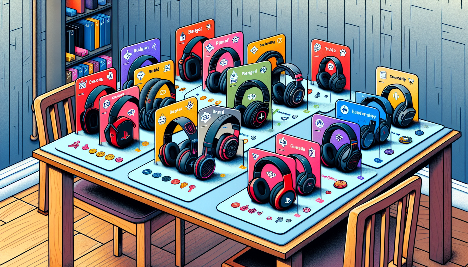 Create an image featuring a variety of PlayStation 4 headsets arranged neatly on a table. Include callouts with features such as budget considerations, gaming preferences/types, brand reliability, and personal customization. Each headset should have a small tag next to it indicating these aspects, showcasing how they cater to different needs and preferences for the ultimate gaming experience. Ensure that the headsets range from high-end to budget-friendly options, highlighting their unique selling points through vibrant labels.