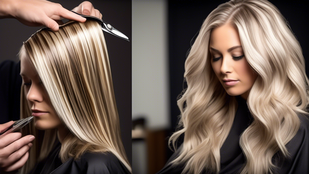 Create an image that showcases a hair salon setting with a client undergoing the process of getting ash blonde highlights using hair foils. The scene should capture the hair stylist carefully applying hair foils to the client