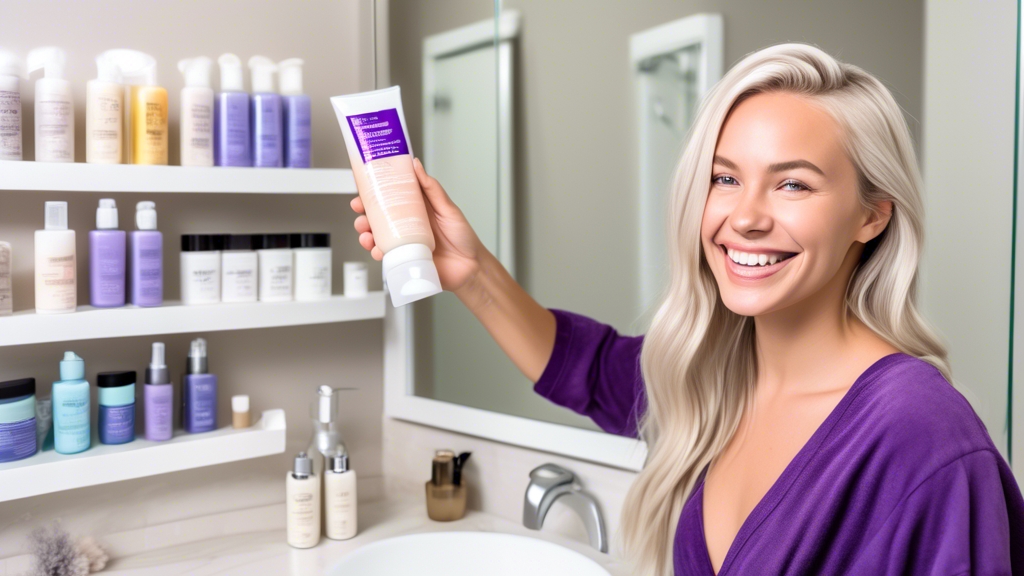 A beautiful young woman with perfectly maintained ash blonde hair is seen smiling in a bright, modern bathroom. She holds a bottle of sulfate-free shampoo and conditioner set, labeled specifically for ash blonde hair. In the background, a variety of hair care products are neatly arranged on the countertop, including a purple-tinted hair mask and heat protectant spray. A soft towel is draped over her shoulder, and the entire scene exudes a sense of freshness and care. The lighting highlights the shimmer and vibrancy of her ash blonde hair, emphasizing how well-maintained and radiant it looks.