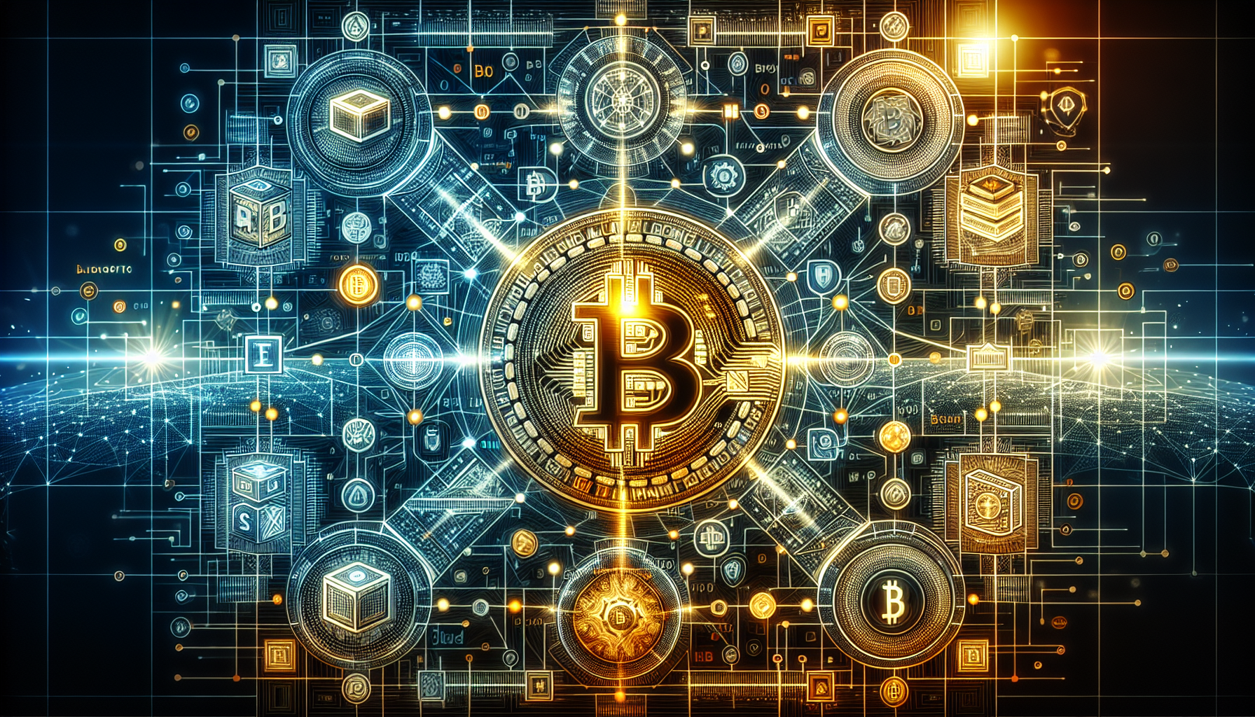 An intricate digital illustration showcasing the core technologies behind cryptocurrencies. The centerpiece features a detailed visual representation of a blockchain with interconnected blocks and a golden Bitcoin emerging from a blockchain mine. Surrounding this are icons and graphics representing cryptocurrency wallets, secure transactions, and cryptographic codes. The background should subtly include lines of code and a digital network grid to emphasize the technological foundation of digital currency. Keywords to highlight: blockchain technology, mining, wallets, and transactions.