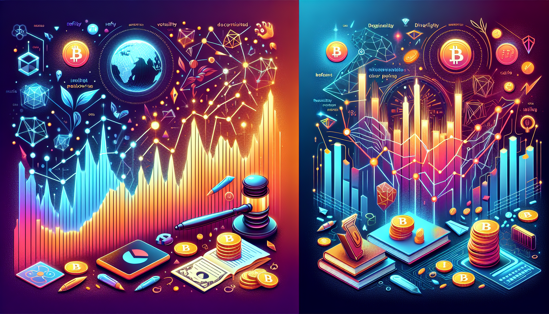 Create an image that depicts both the potential benefits and risks of investing in cryptocurrencies. The left side of the image should show advantages like high return on investment represented by upward-trending graphs, decentralized networks symbolized by connected nodes, and the freedom or flexibility of using digital currencies. The right side of the image should portray the risks such as a volatile market with fluctuating graphs, a cracked shield to symbolize security issues, and a gavel representing regulatory challenges. Include a few beginner tips in the foreground, such as 