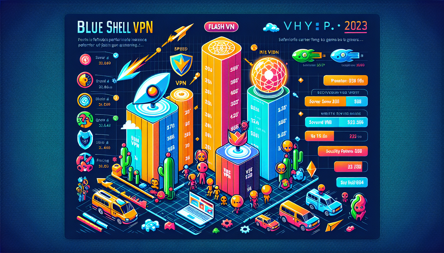 A detailed chart comparing three VPNs: NordVPN, ExpressVPN, and Surfshark, focusing on their performance for gamers in 2023. Include key metrics such as speed, latency, security features, and pricing. The chart should visually represent advantages like NordVPN’s premium performance and extensive server network, ExpressVPN’s superior security and speed, and Surfshark’s affordability and gaming-oriented features. Use clear icons and labels to highlight each VPN