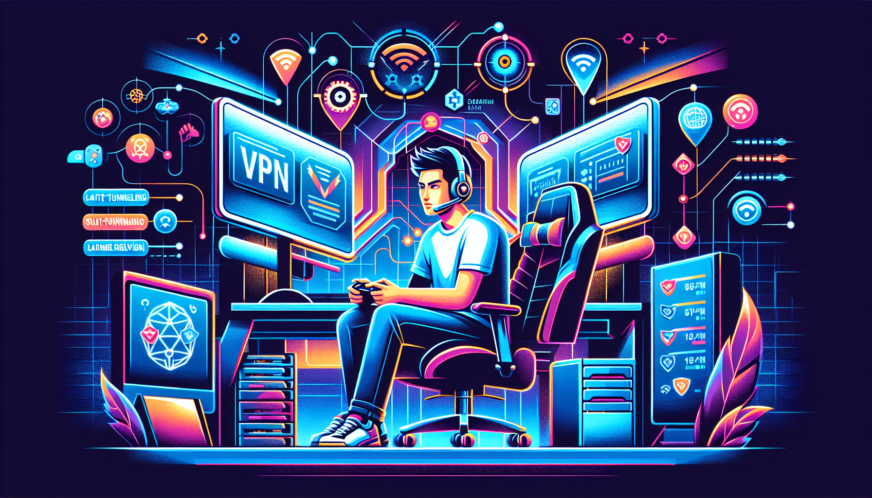 **DALL-E Prompt:** 

Illustration showing a gamer optimizing their gaming experience with a VPN. The image features a modern gaming setup with multiple screens, a sleek gaming chair, and a person wearing a headset. In the background, various icons like latency meters, server location pins, and VPN configuration tools are highlighted. The scene should also include visual elements that represent the benefits of split-tunneling, Wi-Fi protection, and malware blocking features. The overall atmosphere should be tech-savvy and geared towards delivering the idea of an optimized, secure, and smooth gaming experience.