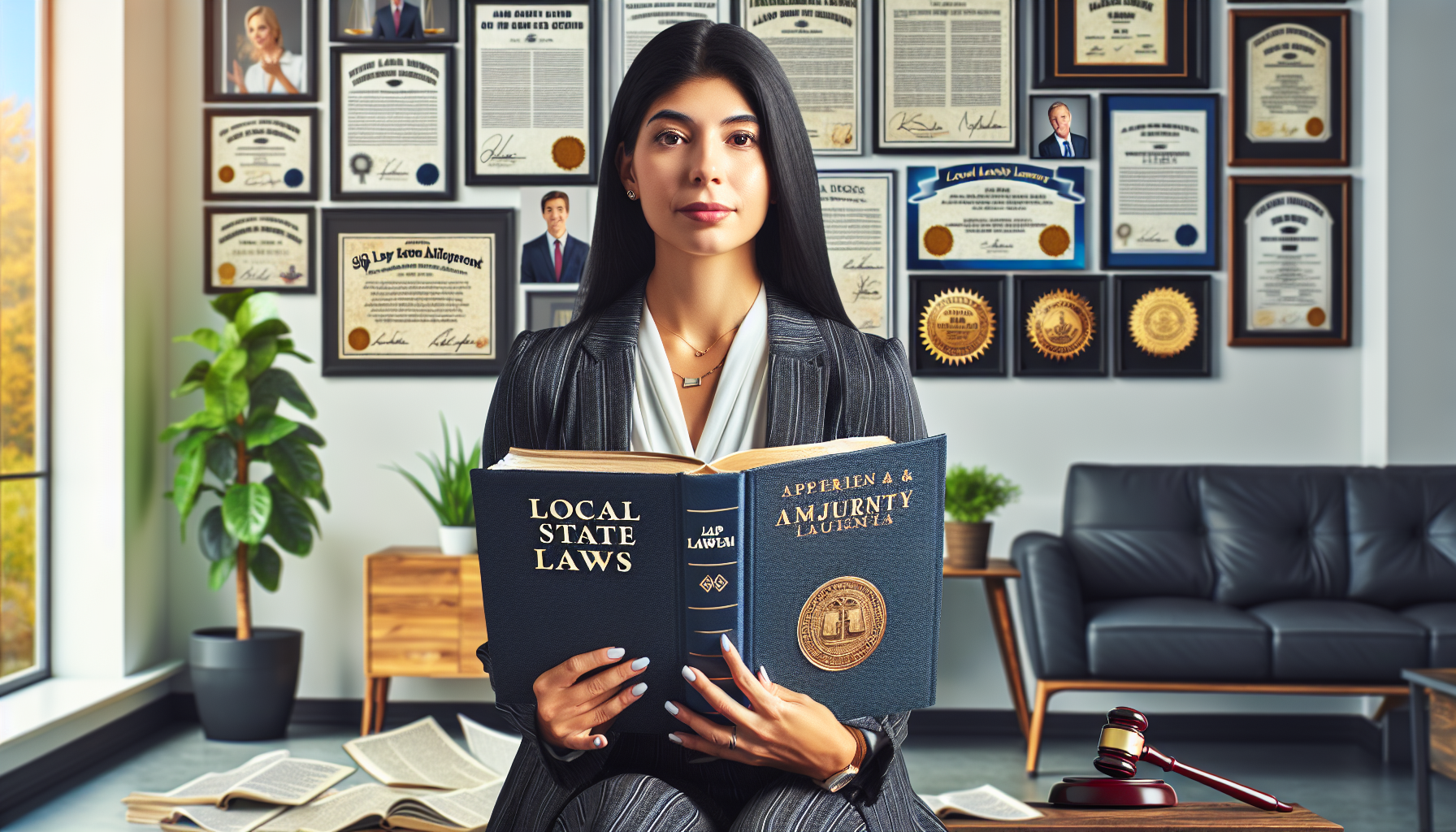 An experienced slip and fall attorney, holding an open book of local state laws, sits in a modern law office with visible credentials and positive testimonials hanging on the wall, illustrating his success in personal injury cases specific to slip and fall accidents.