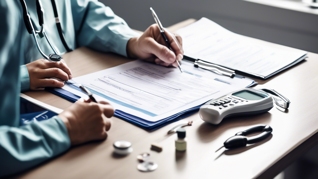 Create an image depicting a person preparing for a driver medical examination. The setting can be a neat, organized home workspace. The person is seen gathering important documents, like medical records and ID, and appearing focused as they review a checklist. On a nearby table, include items like a stethoscope, blood pressure monitor, and eye chart to represent common tests. In the background, a calendar with a highlighted appointment date adds context. The atmosphere should feel calm and ready for an important, meticulous process.