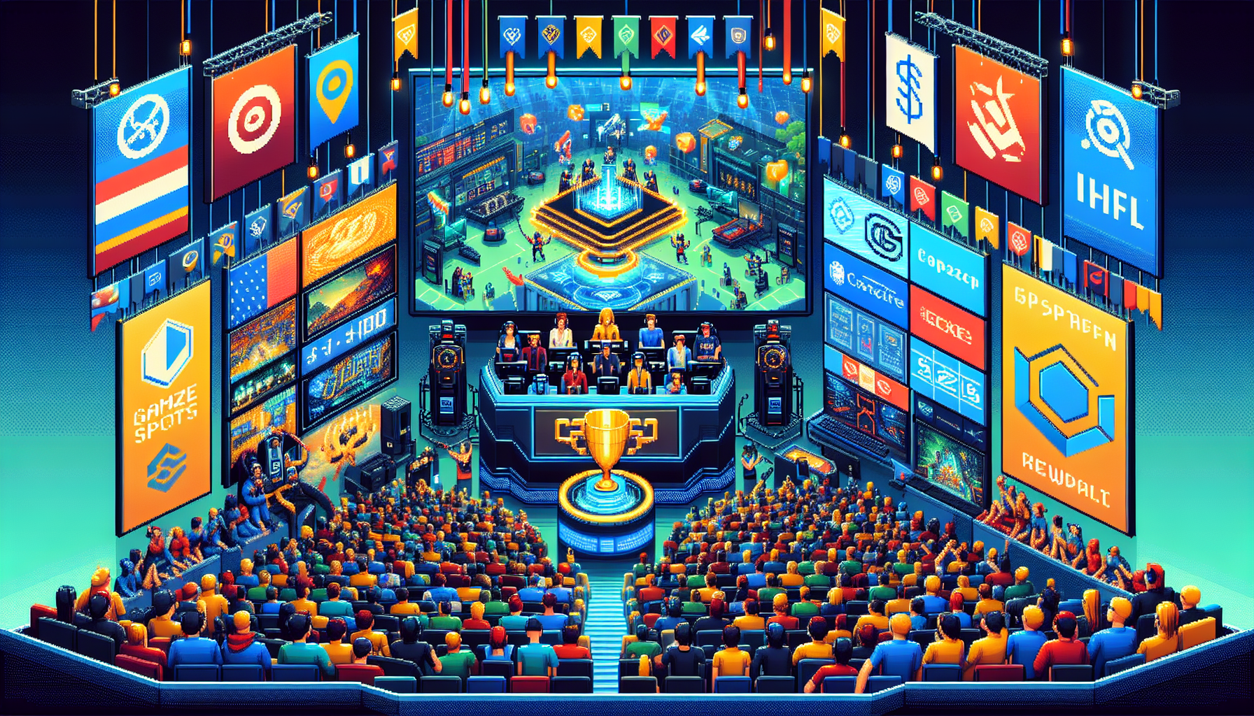 DALL-E prompt: Create an image that showcases the economic impact of online gaming tournaments. Highlight a dynamic gaming scene with a large audience, professional gamers in action, and various sponsor logos prominently displayed on screens and banners. Include elements that illustrate large prize pools such as a digital presentation of prize amounts. Depict related industries by featuring a live streaming setup, game merchandise such as branded apparel, and game development scenes in the background. The overall atmosphere should convey a sense of high stakes, excitement, and professional engagement.