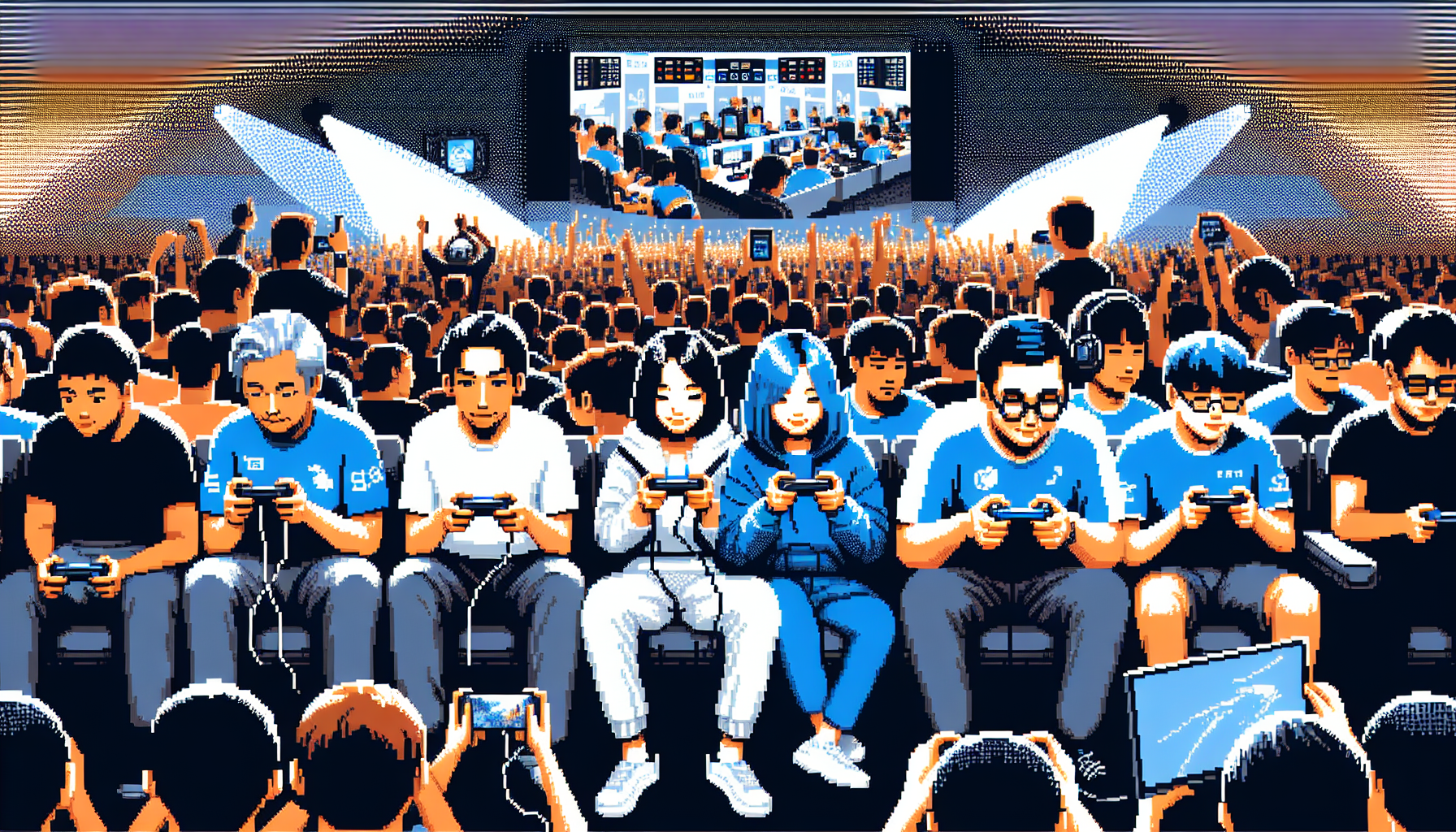 Create an image that showcases the sociocultural influence of online gaming tournaments. The scene should depict a diverse group of gamers from various backgrounds and ages, gathered in a vibrant community setting. Some are seen playing games on different devices while others cheer them on. Highlight a giant screen displaying the ongoing tournament in the background. Incorporate elements that show inclusivity, such as gender, ethnicity, and ability diversity among the participants. The atmosphere should be lively and celebratory, reflecting how online gaming tournaments bring people together and foster social connections.