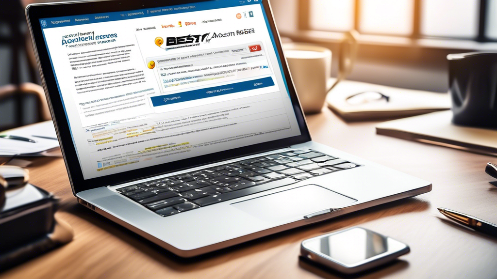 Create an image of a laptop screen displaying a search engine results page with the query best accident attorney near me. Surrounding the laptop, show a variety of notes, client testimonials, and printed pages with attorney profiles, highlighting phrases like highly experienced, excellent reputation, and specializes in accident cases. Include elements such as five-star ratings and reviews to emphasize the online research aspect. In the background, subtly depict a cityscape to convey the local area context.