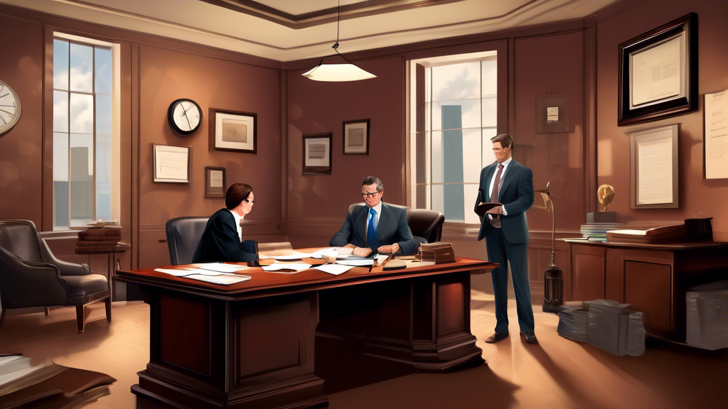Create a digital illustration of a professional office setting. Inside, show a person having a consultation with a well-dressed accident attorney across a polished desk. The ambiance should be inviting and serious, with legal books, diplomas, and certificates adorning the walls. The client appears engaged, holding a list of questions, while the attorney listens attentively, taking notes. Include subtle details like a calendar showing the current month and a computer positioned on the desk, emphasizing a modern, high-quality practice. Keywords: best accident attorney near me, consultation, professional setting.