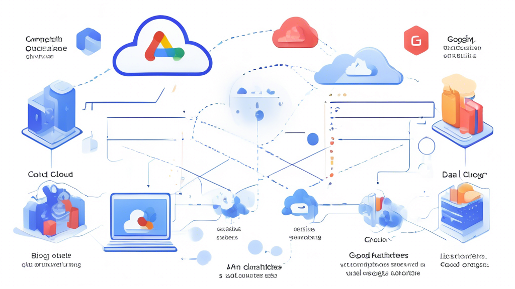 Create an image prompt for DALL-E based on the outline point #2:

An illustration showcasing the key Google Cloud Services and their applications. Feature elements like Compute Engine represented by a powerful virtual machine with scalability arrows, Google Kubernetes Engine with container icons and orchestration visuals, BigQuery with data analysis graphs and charts, and Cloud Storage with secure data vaults and cloud symbols. Incorporate vibrant colors and modern design to reflect cutting-edge technology.