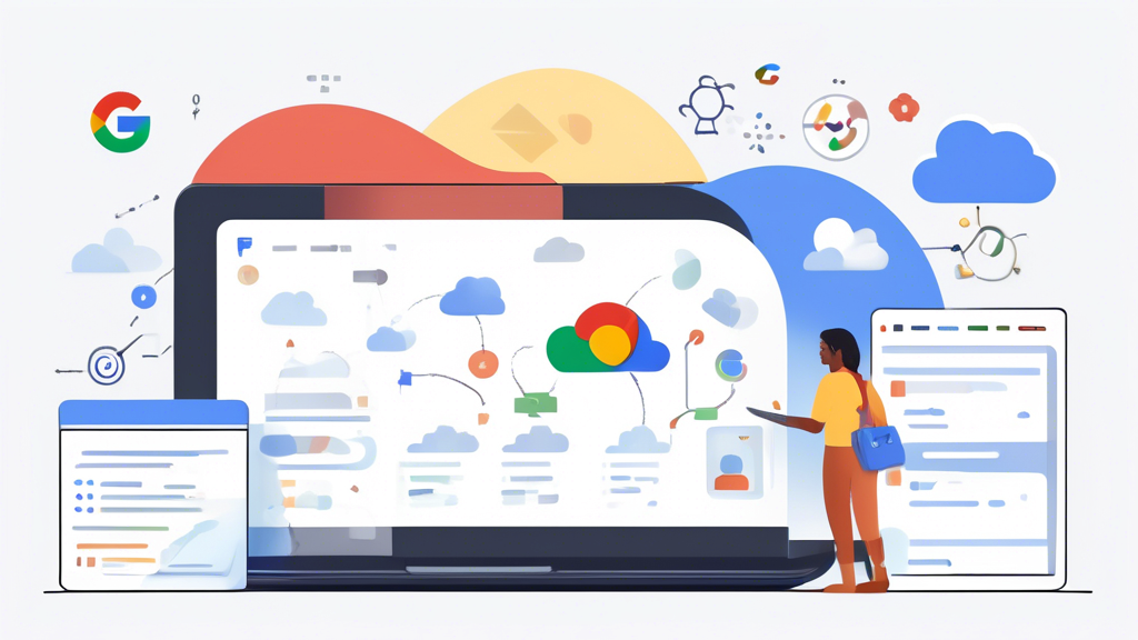 Create an image that depicts someone navigating through the Google Cloud Platform interface on a computer screen. Surround the screen with icons representing various Google Cloud services (like Compute Engine, Kubernetes, BigQuery, and Cloud Storage). In the background, include elements like a step-by-step guidebook, a checklist, and a best practices banner to symbolize initial setup and effective utilization. Use a clean, modern, and tech-focused design.

Keyword: google cloud services, setup, first steps, user interface, best practices.