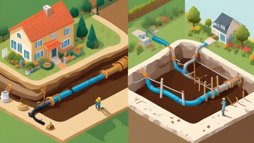 Create an image depicting a side-by-side comparison of trenchless technology and traditional methods for home pipe repair. On one side, show a traditional trench with heavy machinery, extensive digging, and disrupted landscaping. On the other side, illustrate the trenchless method with minimal digging, workers operating modern equipment, and a beautifully maintained garden. Include visual elements that highlight the cost savings and reduced labor with trenchless solutions, such as dollar signs and less chaos. Title the image: Affordable Trenchless Solutions: Efficiency Meets Savings.