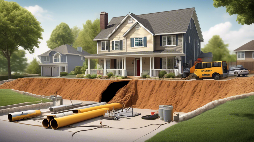 A DALL-E prompt for an image based on outline point #3:

Create an image of a suburban home with an underground view showcasing various trenchless technologies in action, such as pipe bursting and relining. The scene should include a homeowner talking to a service provider with a clipboard, discussing affordable trenchless options. Add text labels indicating 